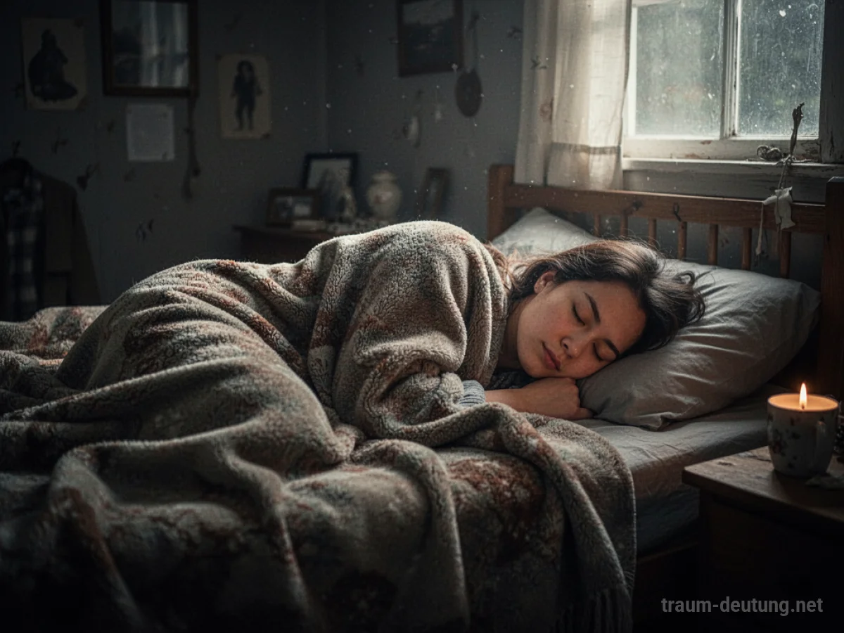 Person, die unter einer Decke im Bett liegt, umgeben von Dunkelheit und Geborgenheit.