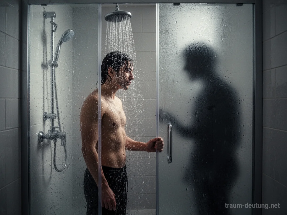 Schattenhafte Figur lauert vor einer Person unter der Dusche