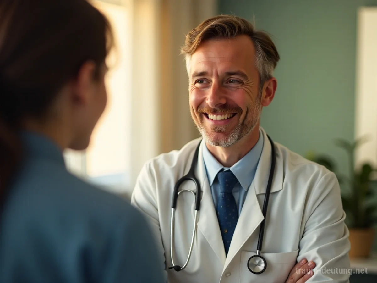 Ein freundlicher Doktor spricht mit einem Patienten in einem hellen Raum.