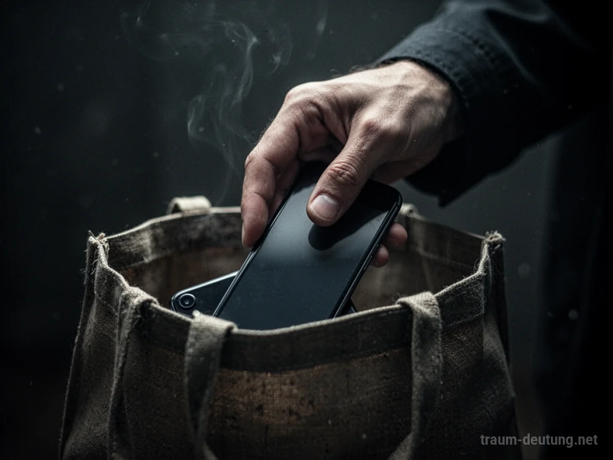 Hand stiehlt Handy aus einer Tasche bei dämmrigem Licht.