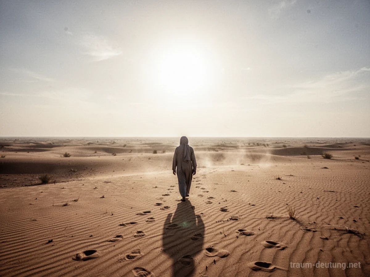 Eine einsame Figur durchquert eine endlose Wüstenlandschaft unter sengender Sonne.