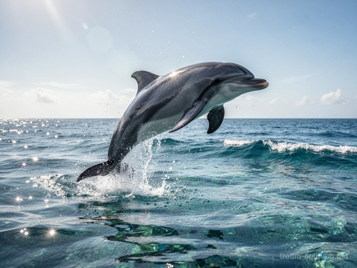 Ein Delfin springt fröhlich aus dem blauen Meer.