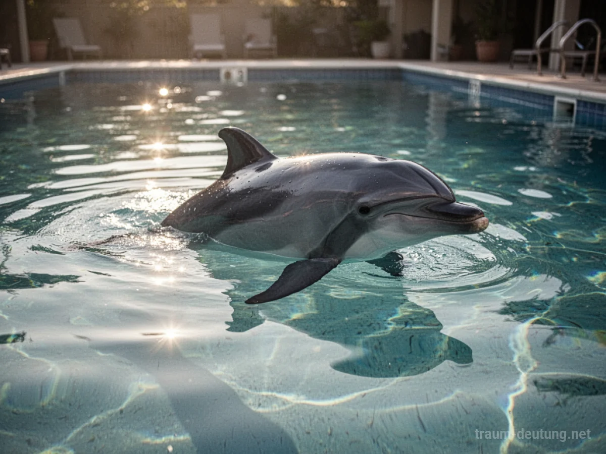 Delfin schwimmt friedlich in einem blauen Pool.