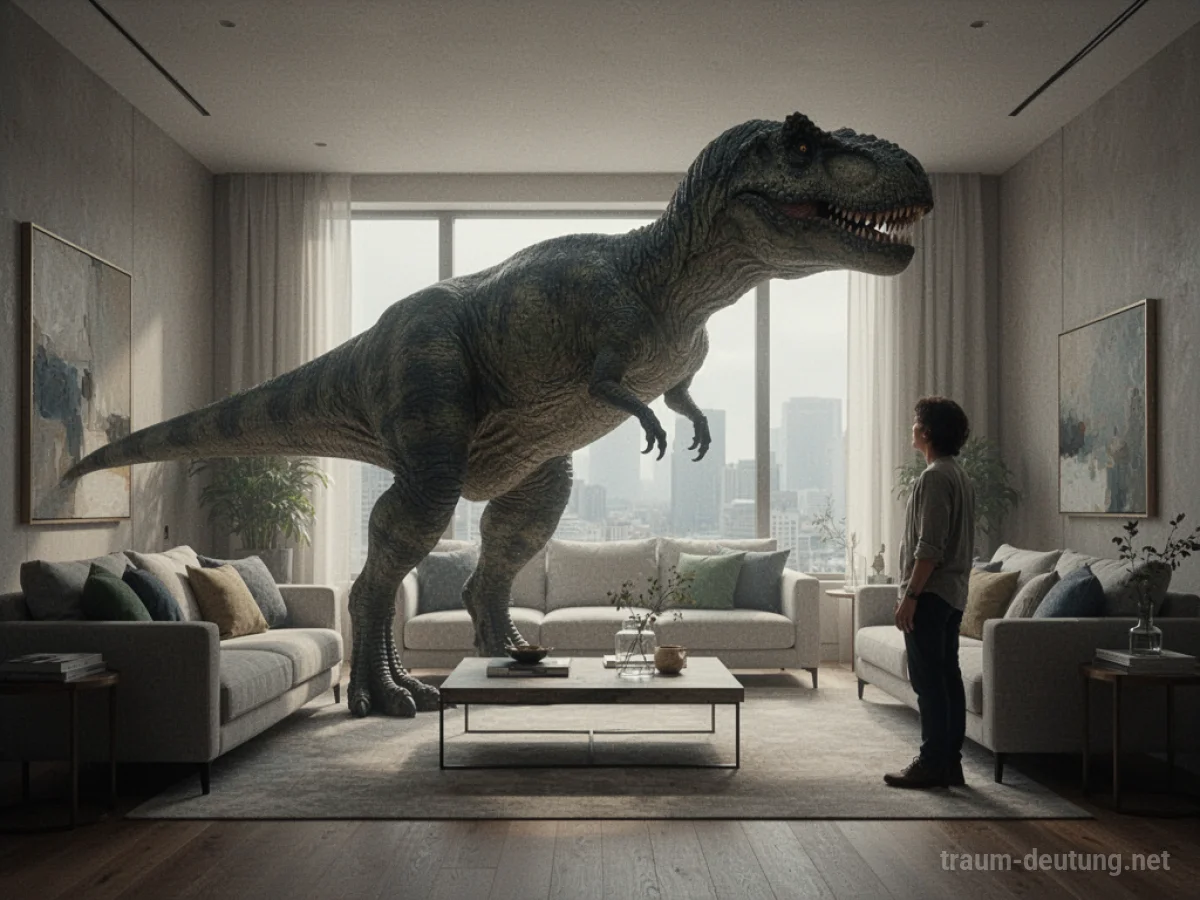 Ein Dinosaurier steht in einem Wohnzimmer, eine Person beobachtet ihn aus der Ferne.