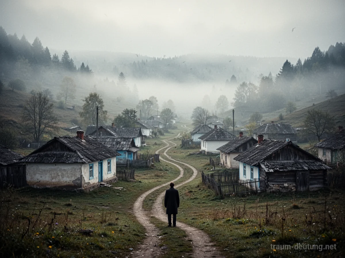 Fremdes Dorf mit einem Weg, der hineinführt, und einer unsicheren Horizontlinie