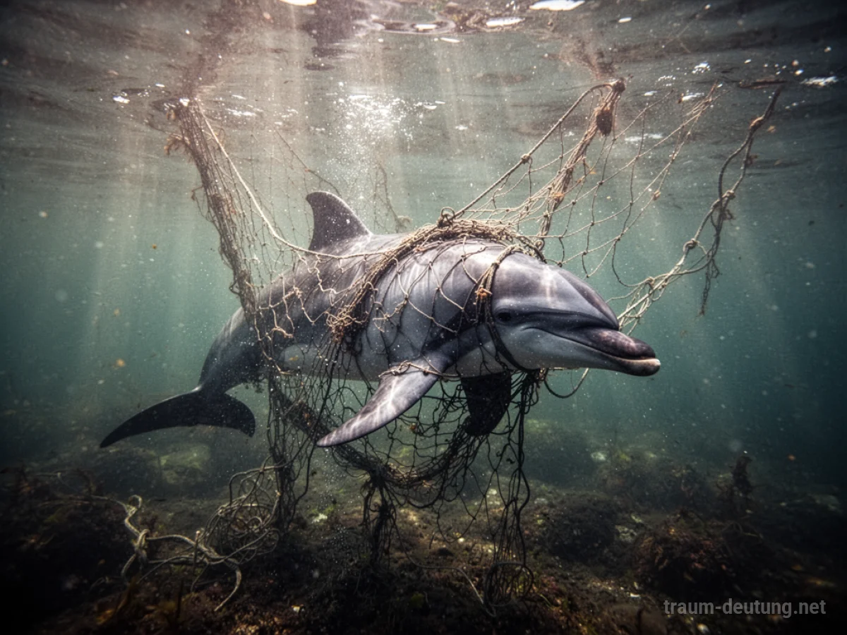Gefangener Delfin im Netz unter Wasser, der sich befreien will.