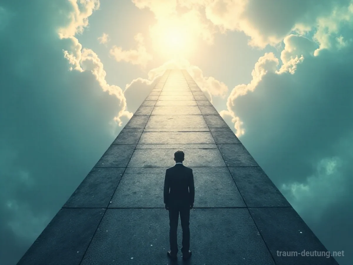 Eine Person blickt zu einem extrem hohen Dach auf, das in den Wolken verschwindet.