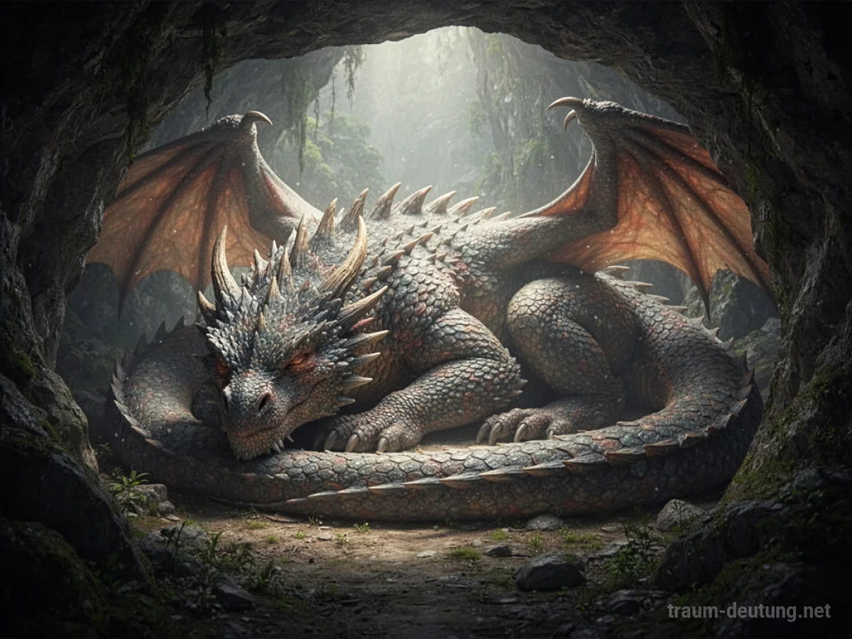 Ein großer, majestätischer Drache ruht friedlich in einer Höhle.