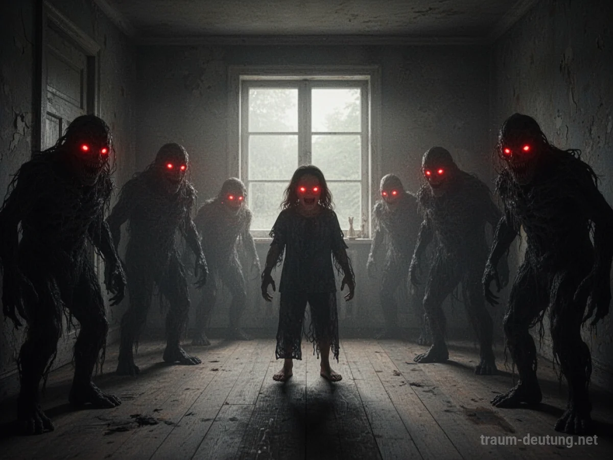 Schattenhafte Figuren mit roten Augen in einem dunklen Raum