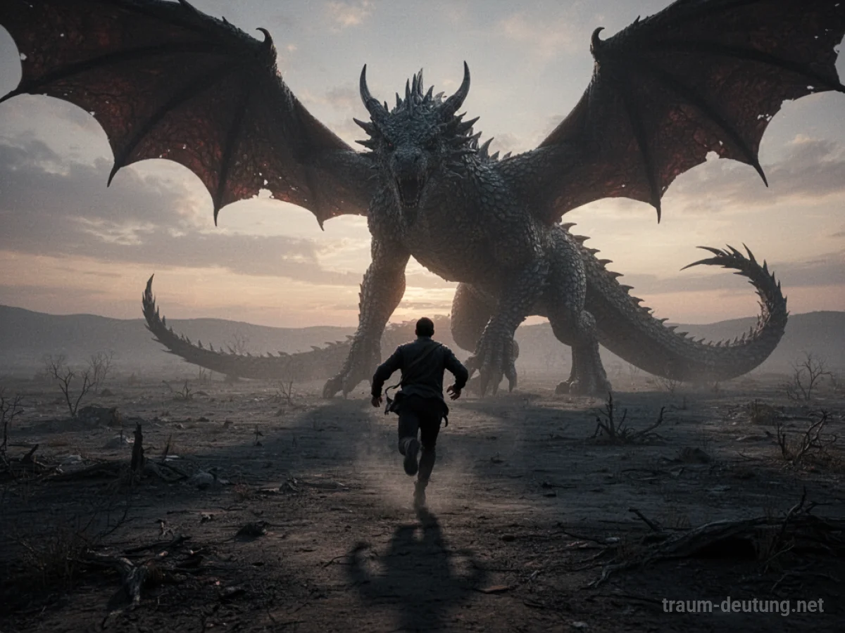 Eine Person rennt vor einem Drachen davon, Silhouette im Dämmerlicht.