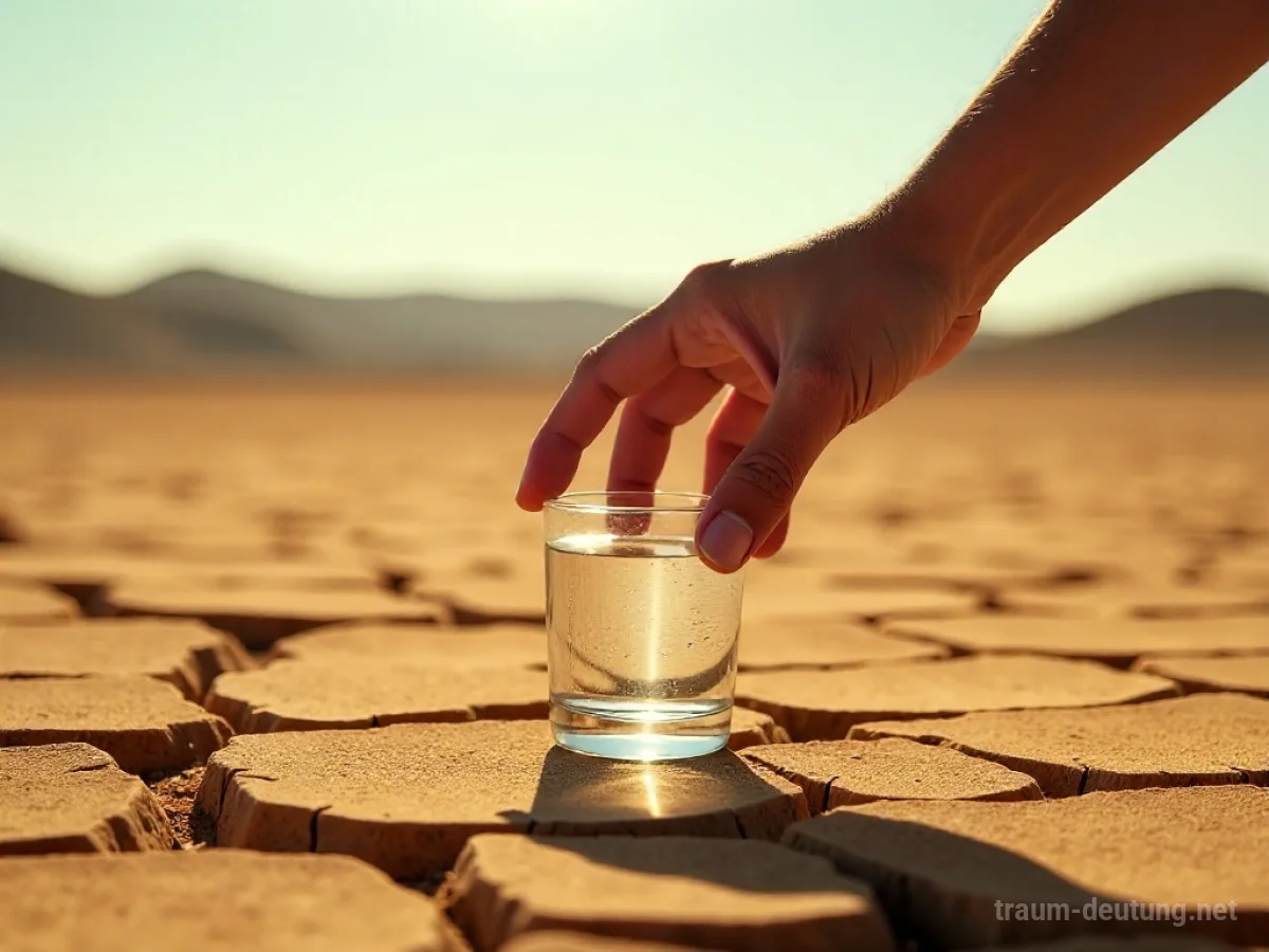 Person reicht nach einem Glas Wasser in trockener Wüstenlandschaft