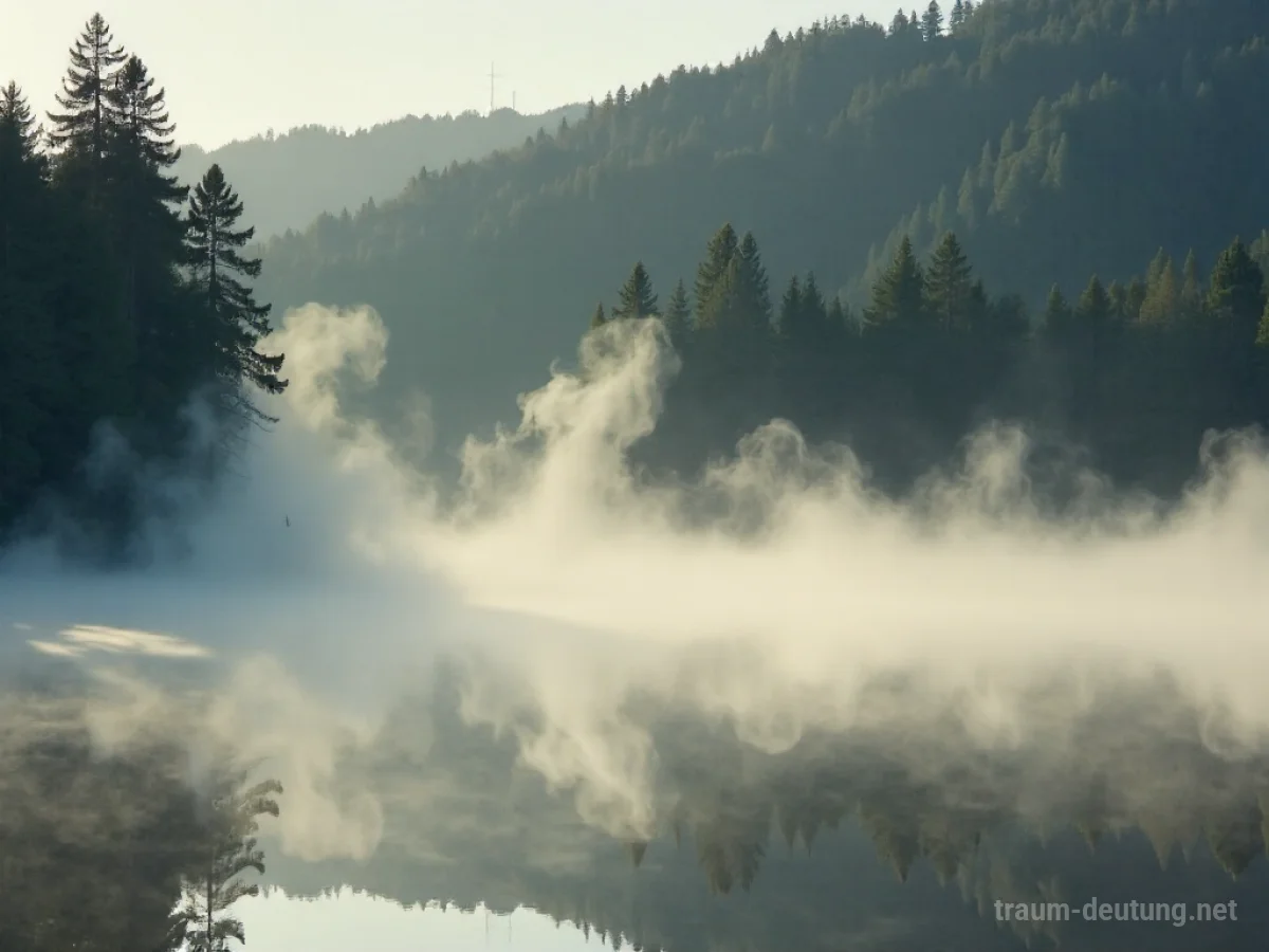 Weißer Dampf steigt sanft in einer ruhigen Naturlandschaft auf