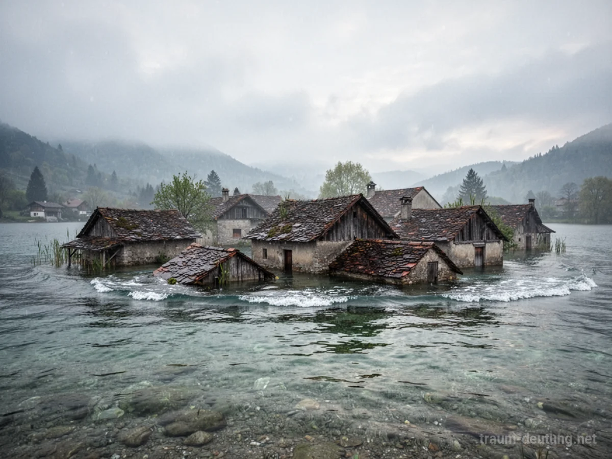 Ein Dorf, dessen Häuser teilweise von Wasser bedeckt sind, unter einem bewölkten Himmel.