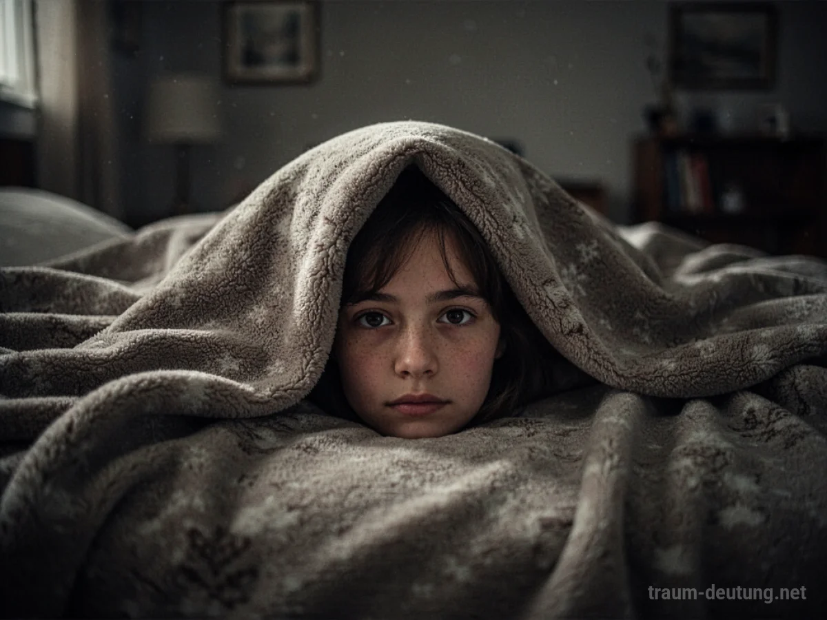 Kopf ragt unter einer Decke hervor, Symbol für Schutz und Verstecken im Traum.