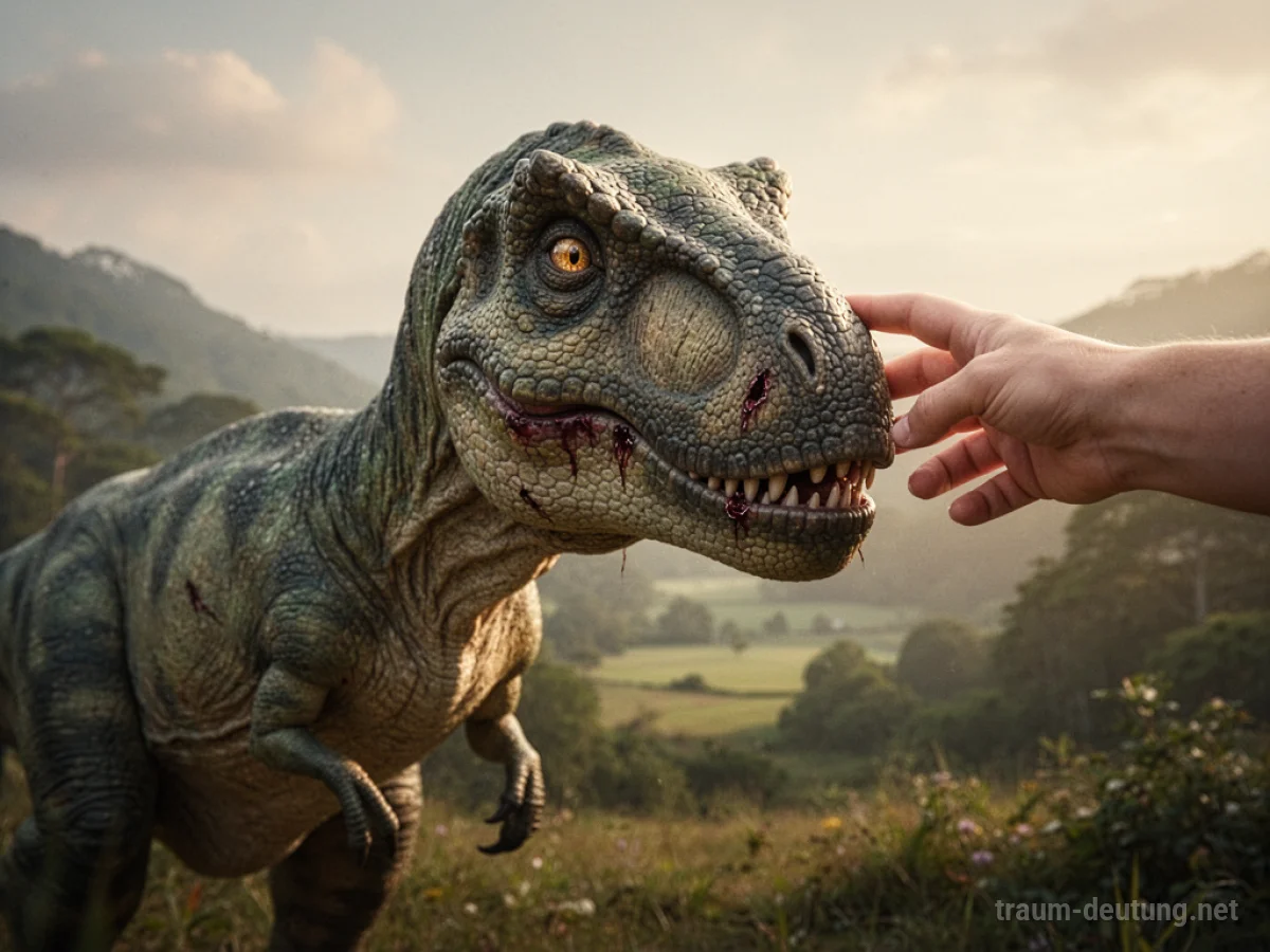 Menschliche Hand streichelt vorsichtig einen leicht verletzten Dinosaurier in friedlicher Natur.