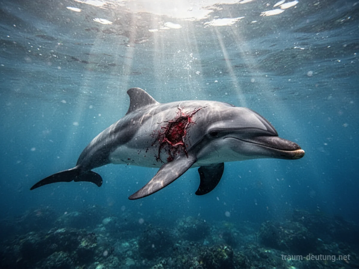 Ein verletzter Delfin schwimmt bedä }:t in klarem Wasser.