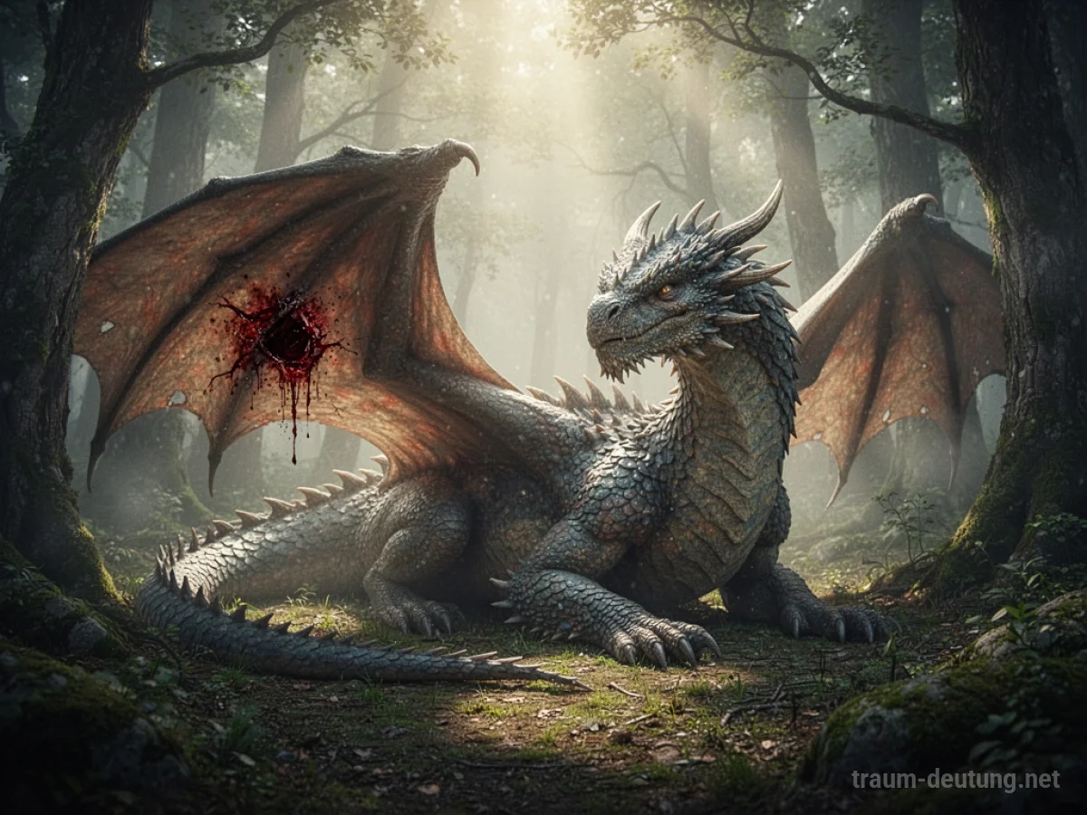 Verletzter Drache ruht im Wald, von Sonnenlicht getroffen