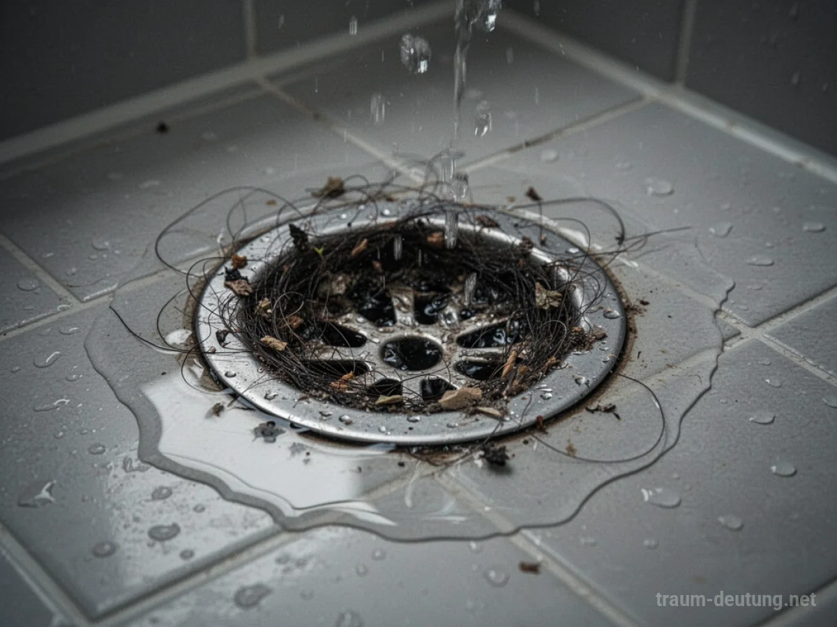 Verstopfte Duschabfluss mit gestautem Wasser, Haare und Schmutz sichtbar