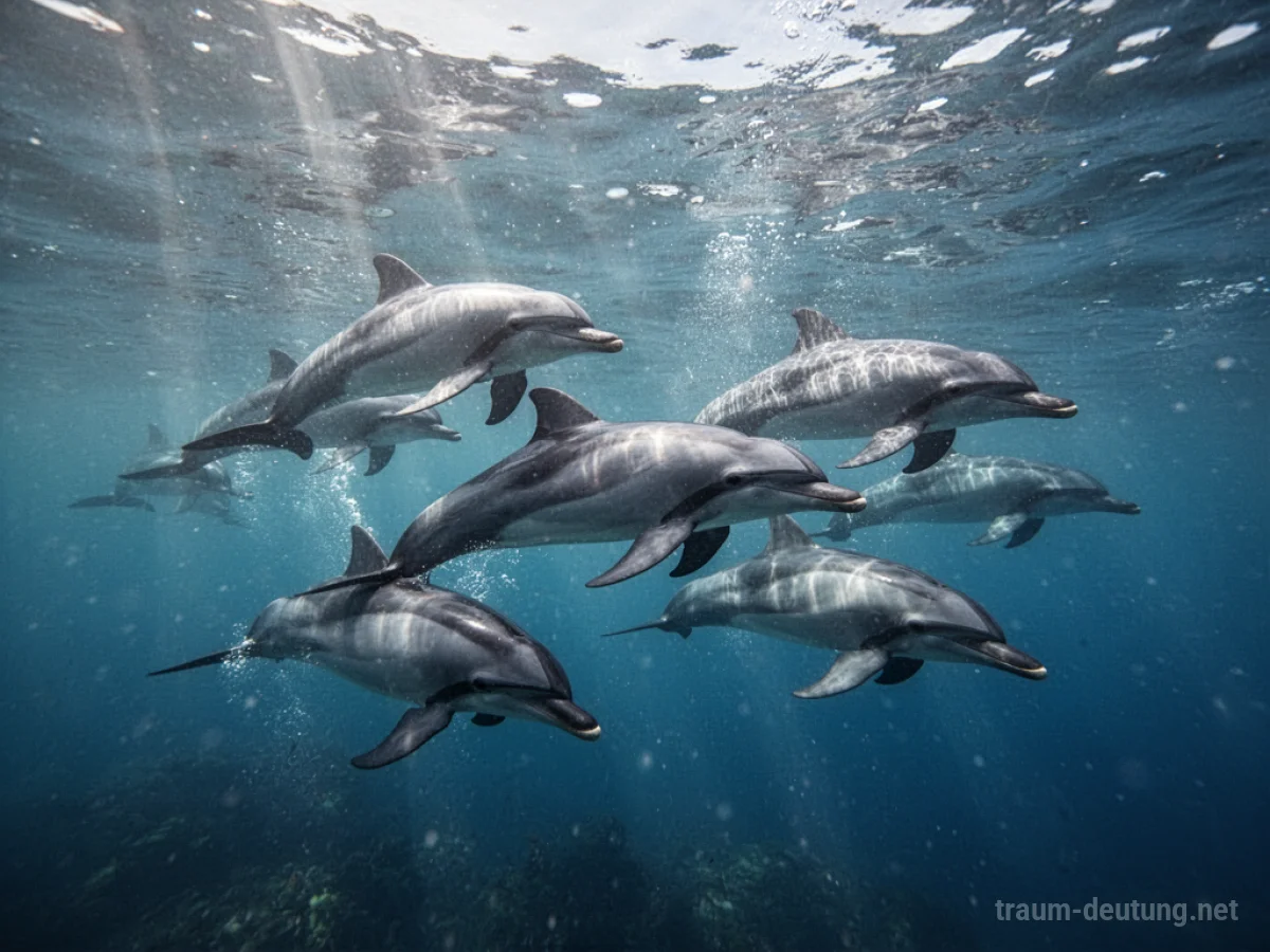 Viele Delfine schwimmen in einer Gruppe im klaren blauen Meer.