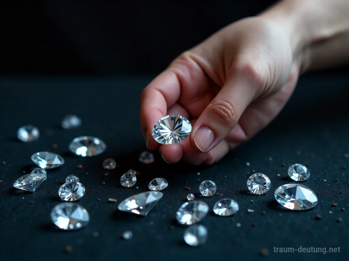 Hand hält einen großen, funkelnden Diamanten, umgeben von weiteren Edelsteinen.