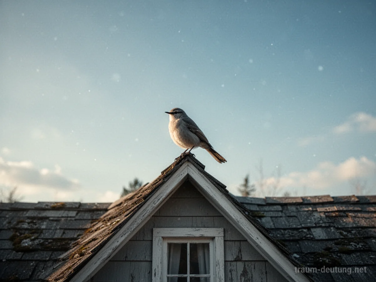 Ein Vogel sitzt auf dem Dach eines Hauses unter einem weiten Himmel.