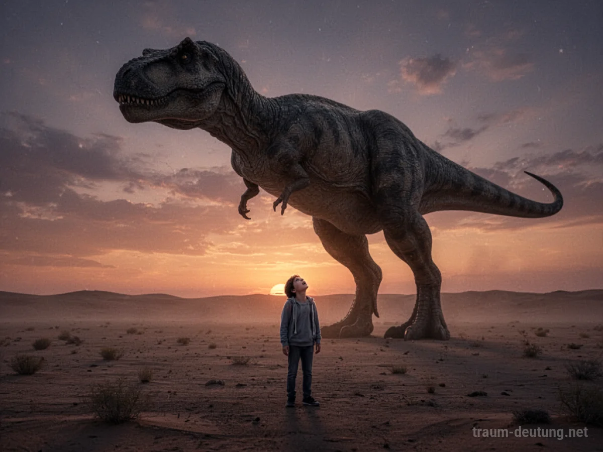 Silhouette eines riesigen Dinosauriers über einer kleinen menschlichen Figur in der Wüste bei Dämmerung