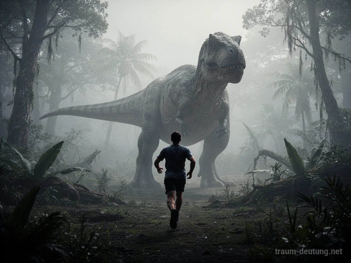 Silhouetten einer Person, die vor einem riesigen Dinosaurier in nebliger Landschaft flieht