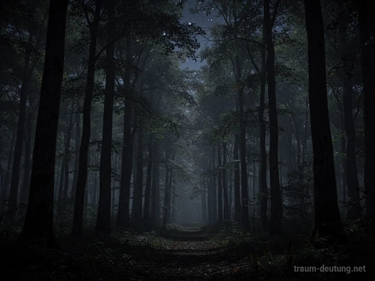 Dichter, dunkler Wald im Dunkeln, Bäume ragen in den Nachthimmel