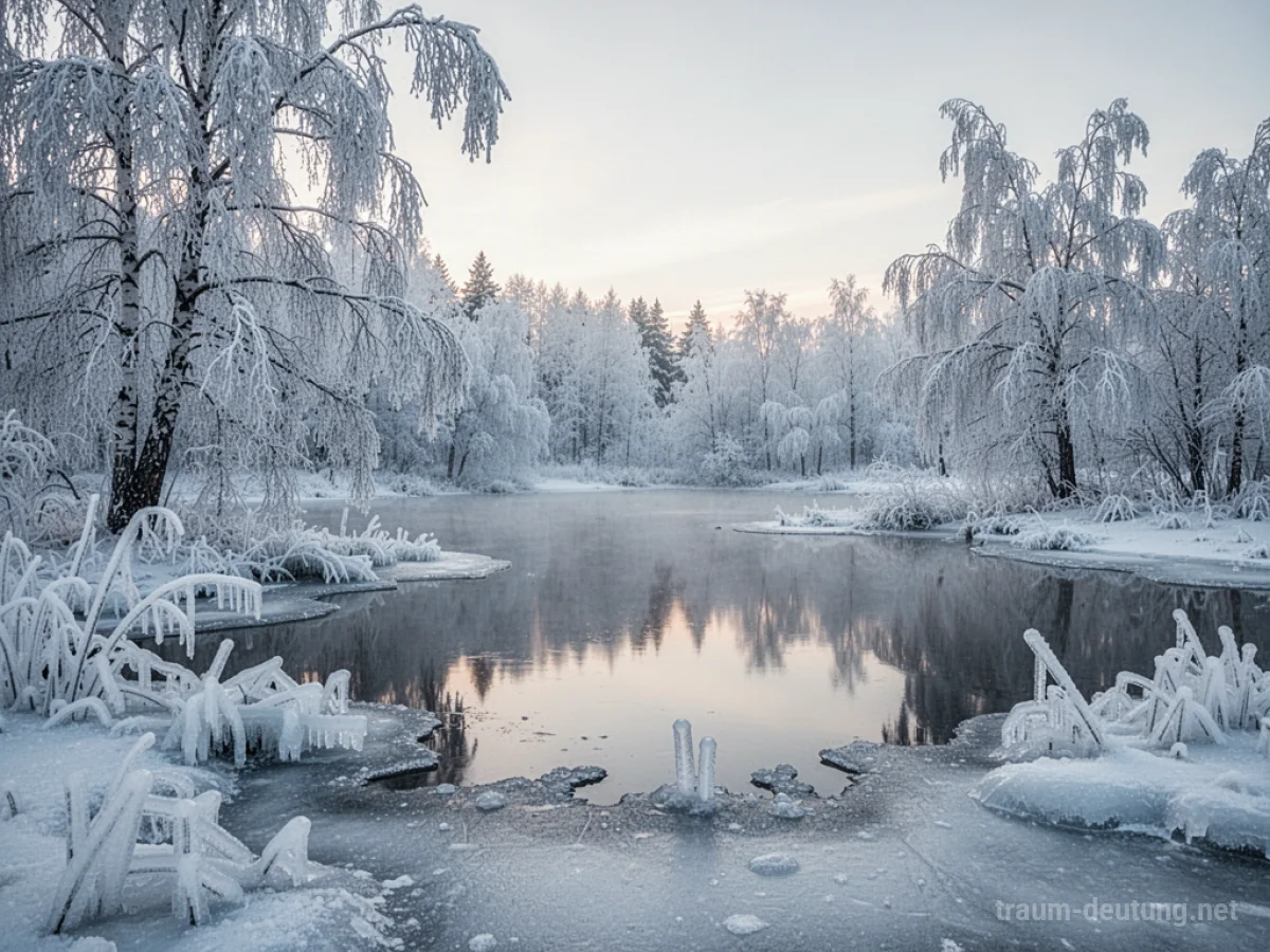 Eine gefrorene Landschaft, in der Bäume und ein stiller See unter einer dicken Eisschicht erstarrt sind.