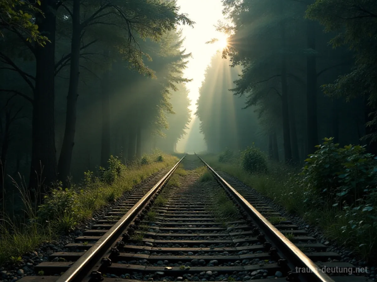 Alte Eisenbahnschienen führen in einen nebligen Wald, überwuchert von Unkraut.