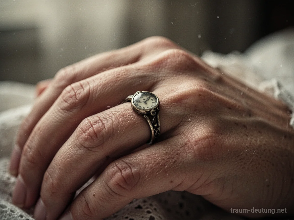 Hand mit altem Ehering, die sanft auf eine vergilbte Fotografie gelegt wird.