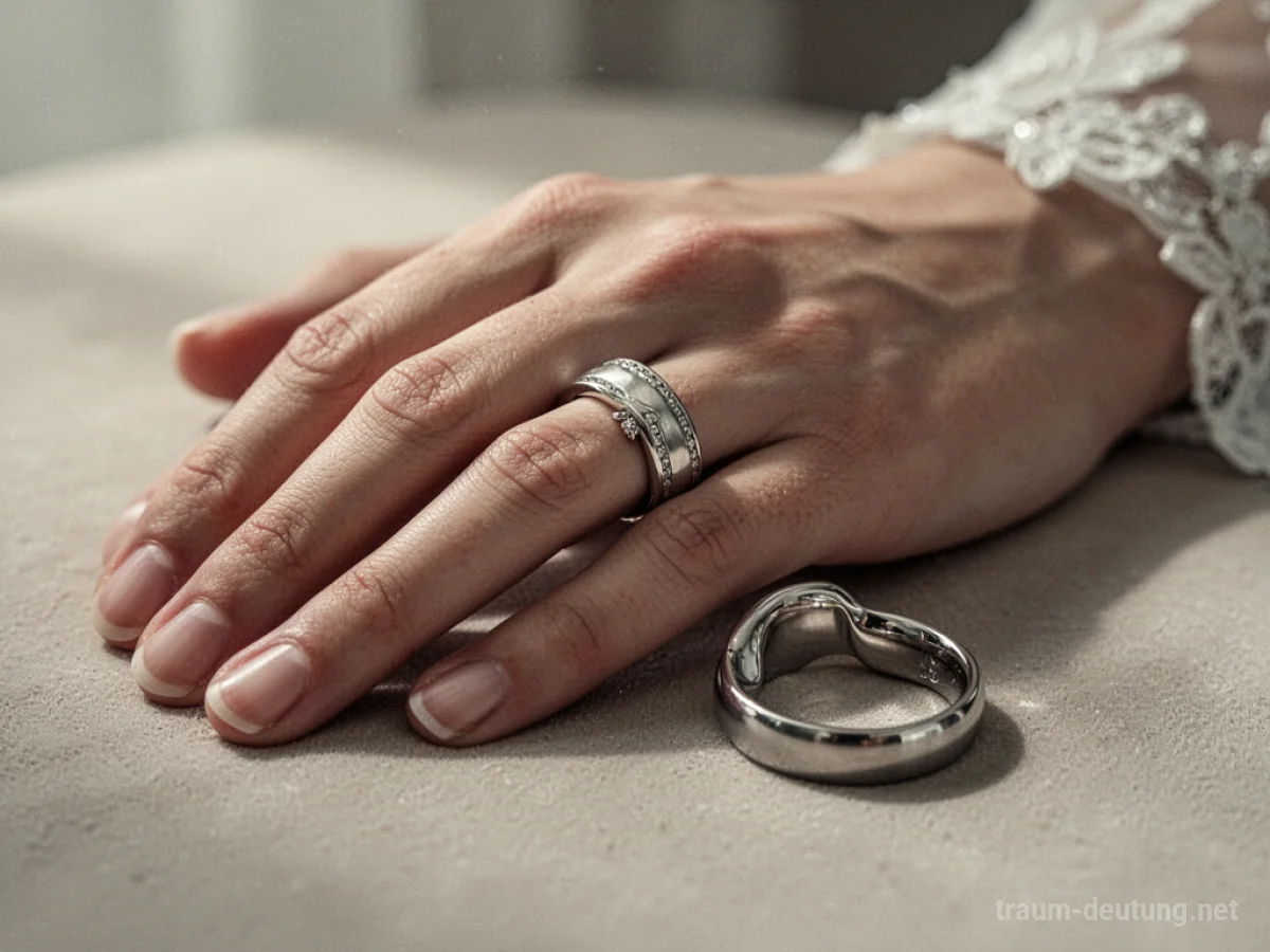 Eine Hand mit einem Ehering, daneben ein weiterer schlichter Ring