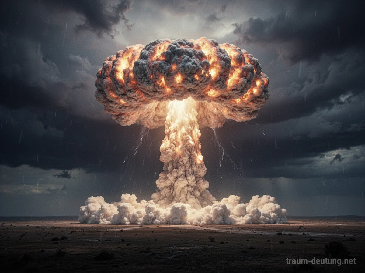 Eine stilisierte Pilzwolke einer Atomexplosion am Horizont unter einem dunklen Himmel