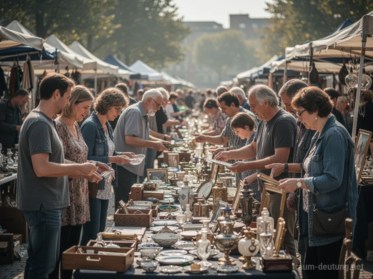 Menschen feilschen auf einem belebten Flohmarkt zwischen verschiedenen Ständen.