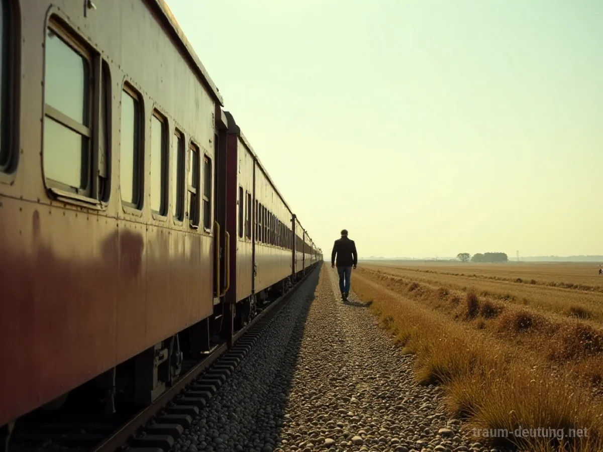 Person steigt aus fahrender Eisenbahn in offene Landschaft
