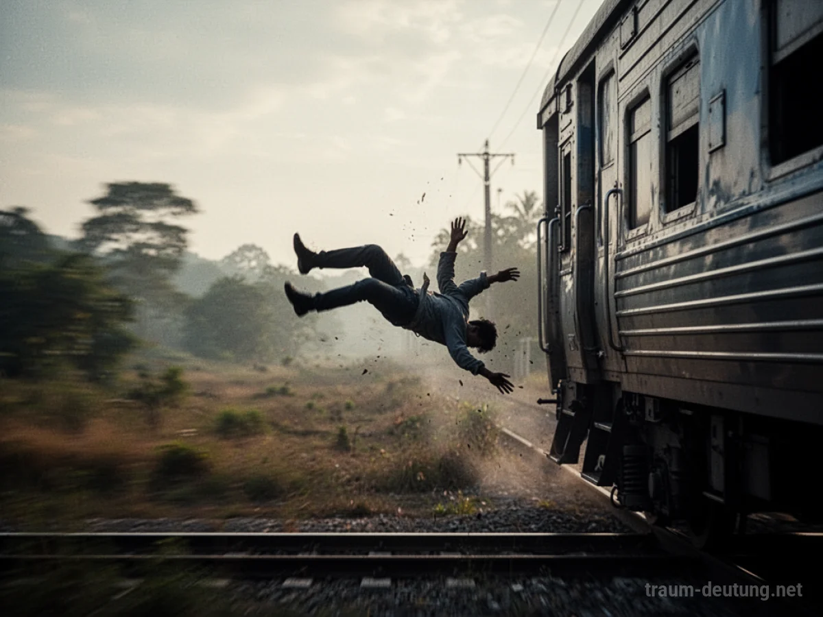 Eine Silhouette einer Person, die aus einer fahrenden Eisenbahn fällt.