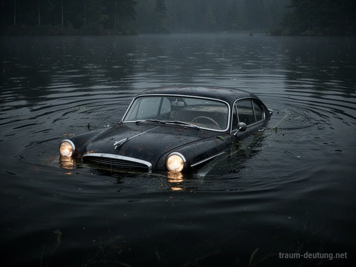 Ein Auto versinkt langsam in dunklem Wasser, nur das Dach ragt heraus.