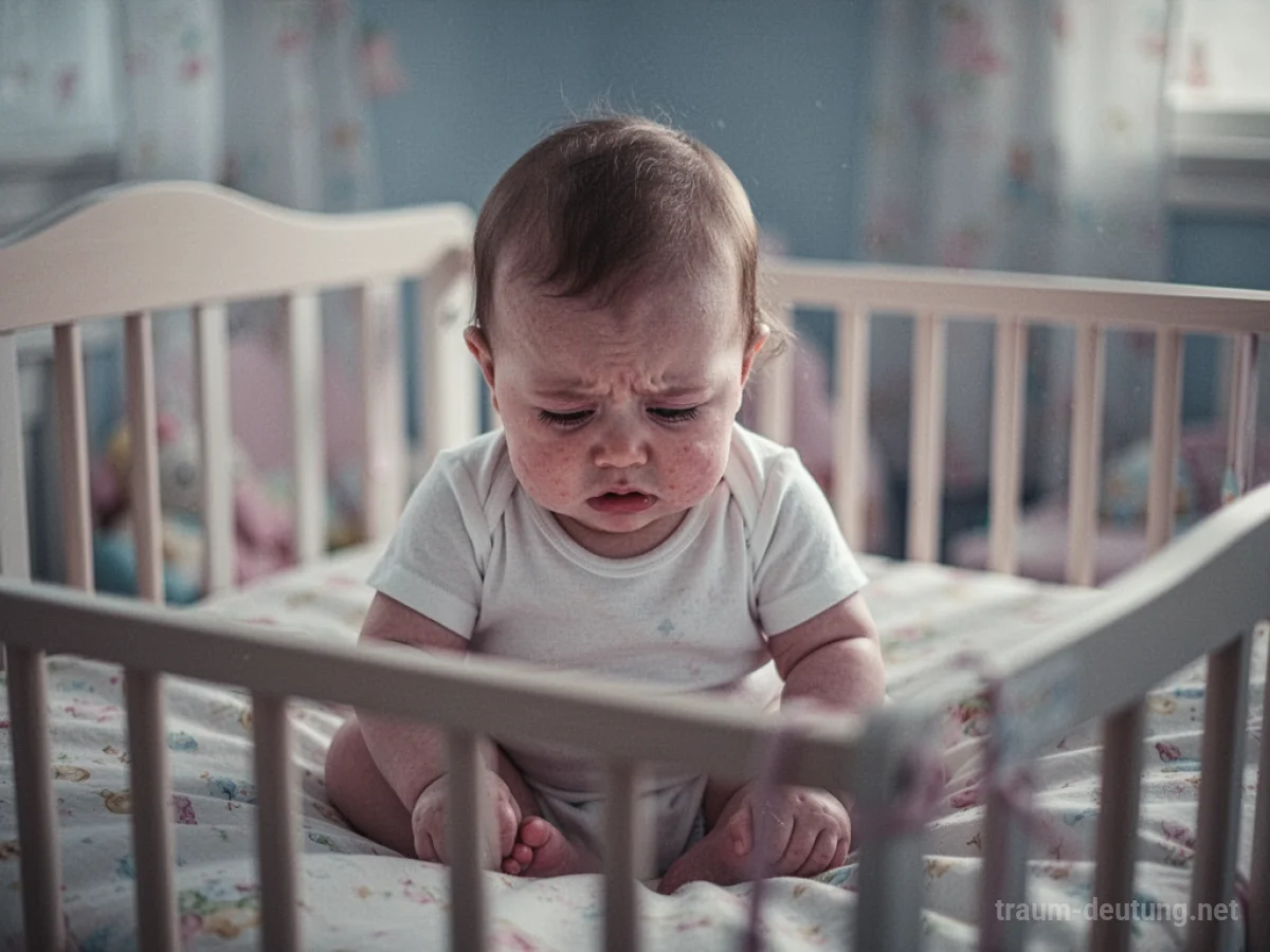 Ein Baby sitzt im Bett und wirkt unwohl.