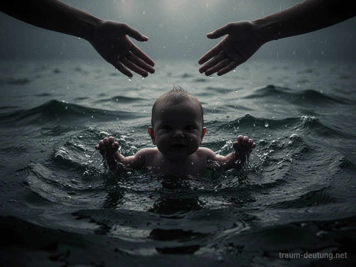 Baby kämpft im Wasser, Hände reichen ihm entgegen