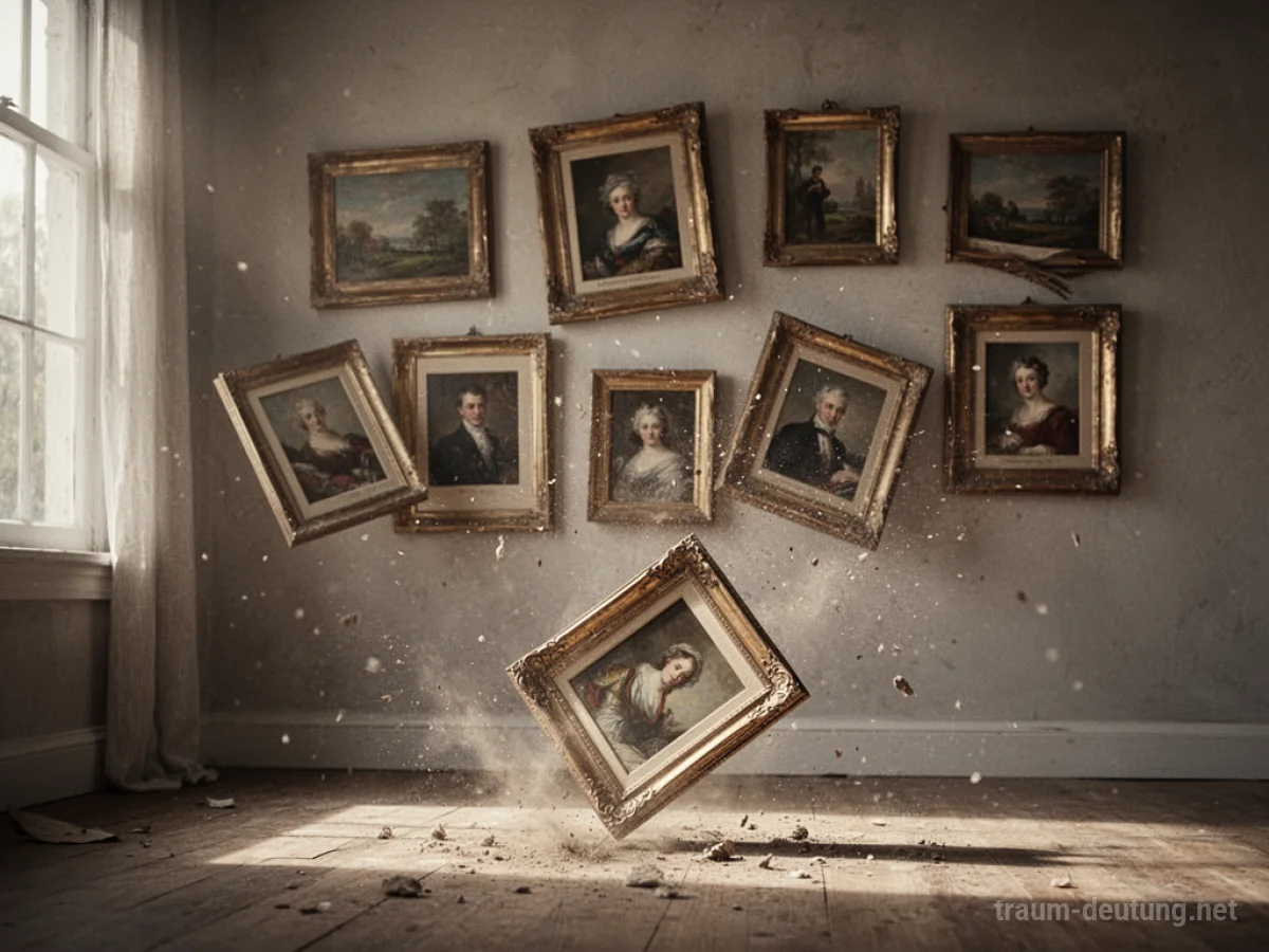 Bilderrahmen fallen von einer Wand in einem Raum