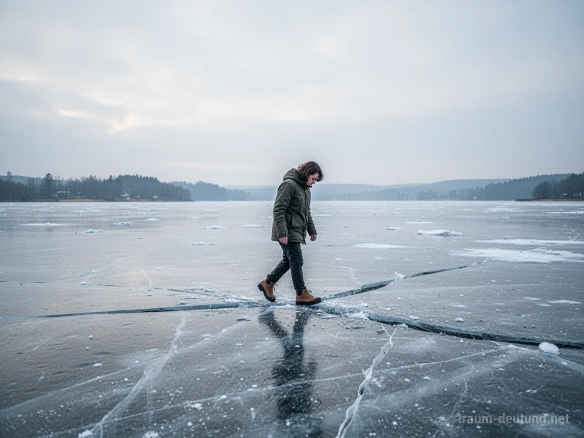 Person läuft vorsichtig über eine dünne Eisfläche auf einem gefrorenen See