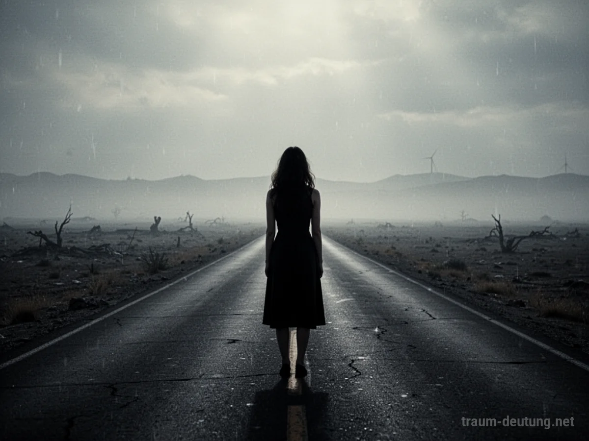 Silhouette einer Frau, die allein auf einer einsamen Straße steht und in die Ferne blickt.