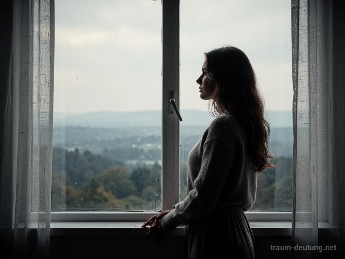 Silhouette einer Frau steht am Fenster und blickt in die Ferne.