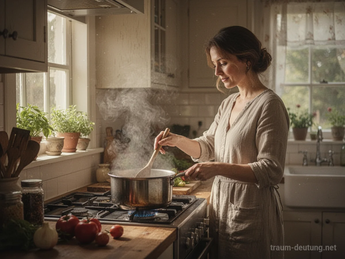 Ehefrau kocht liebevoll in einer hellen Küche