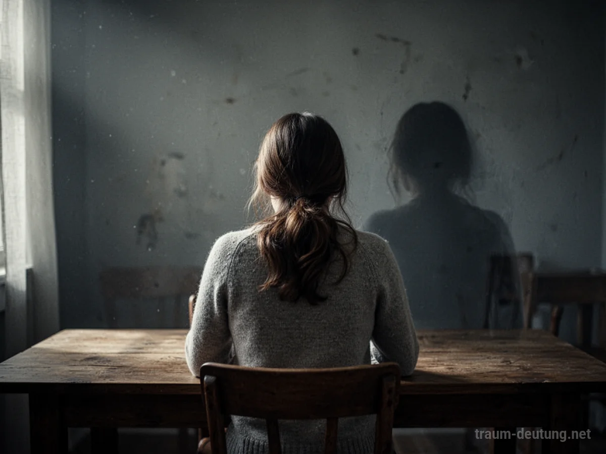 Eine Frau sitzt schweigend am Tisch, ihr Gesicht ist abgewandt, im Hintergrund eine unscharfe, distanzierte Atmosphäre.