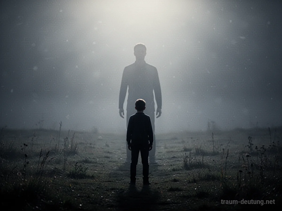 Silhouettenfigur blickt auf eine verblassende Gestalt in einer nebligen Traumlandschaft.