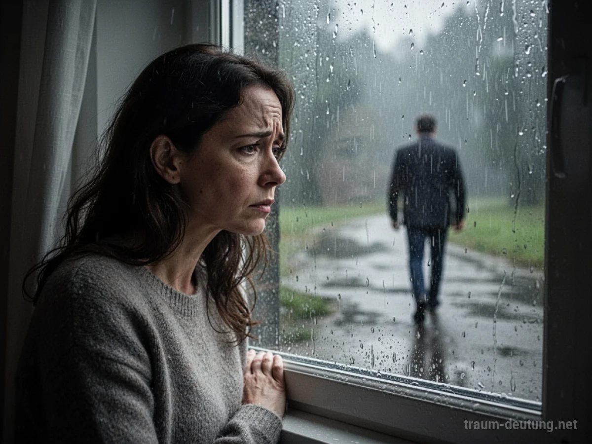 Frau blickt traurig aus dem Fenster, während eine männliche Silhouette im Regen davongeht.