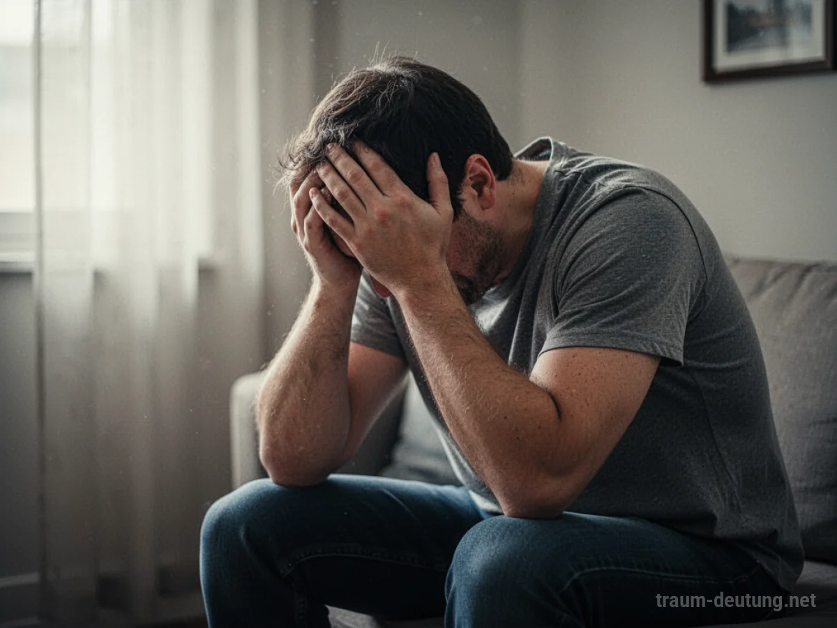 Mann sitzt mit gesenktem Kopf, Schultern wackeln leicht
