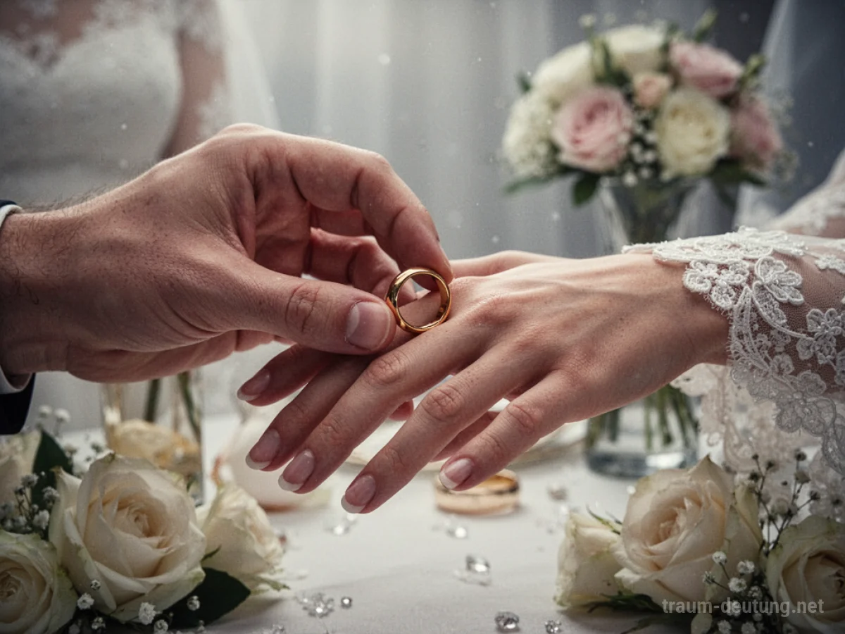 Hand steckt einen goldenen Ehering an einen Finger.