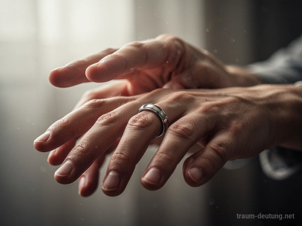 Eine Hand sucht nach einem fehlenden Ehering am Finger.